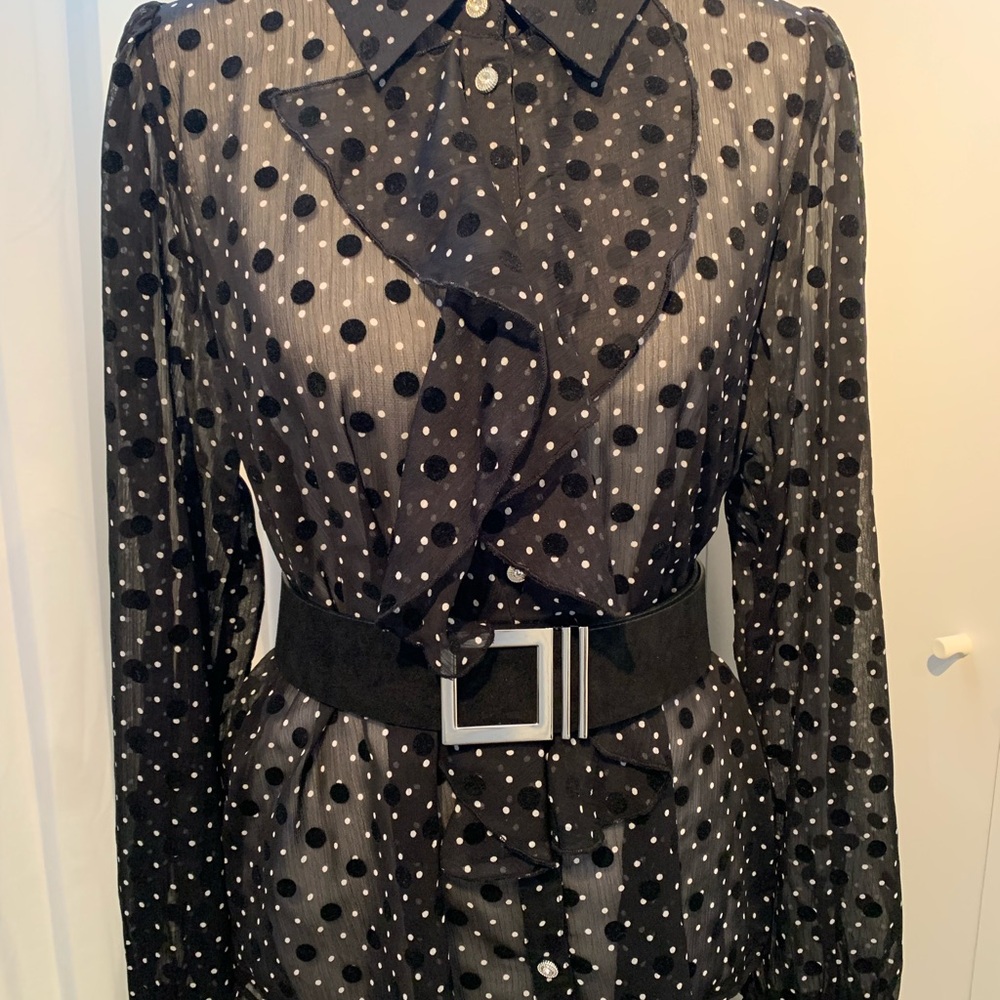 Suzy Shier Black and White Sheer Blouse